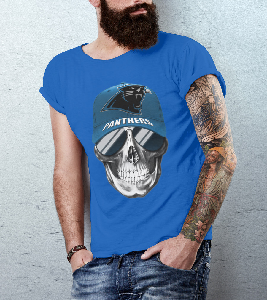 Carolina Panthers Skull Wearing Team Hat And Sunglasses T-Shirt