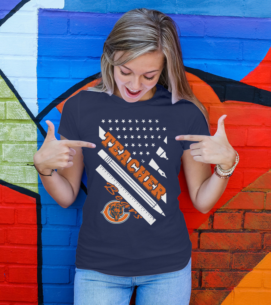 Chicago Bears Teacher American Flag Ruler And Pens T-Shirt