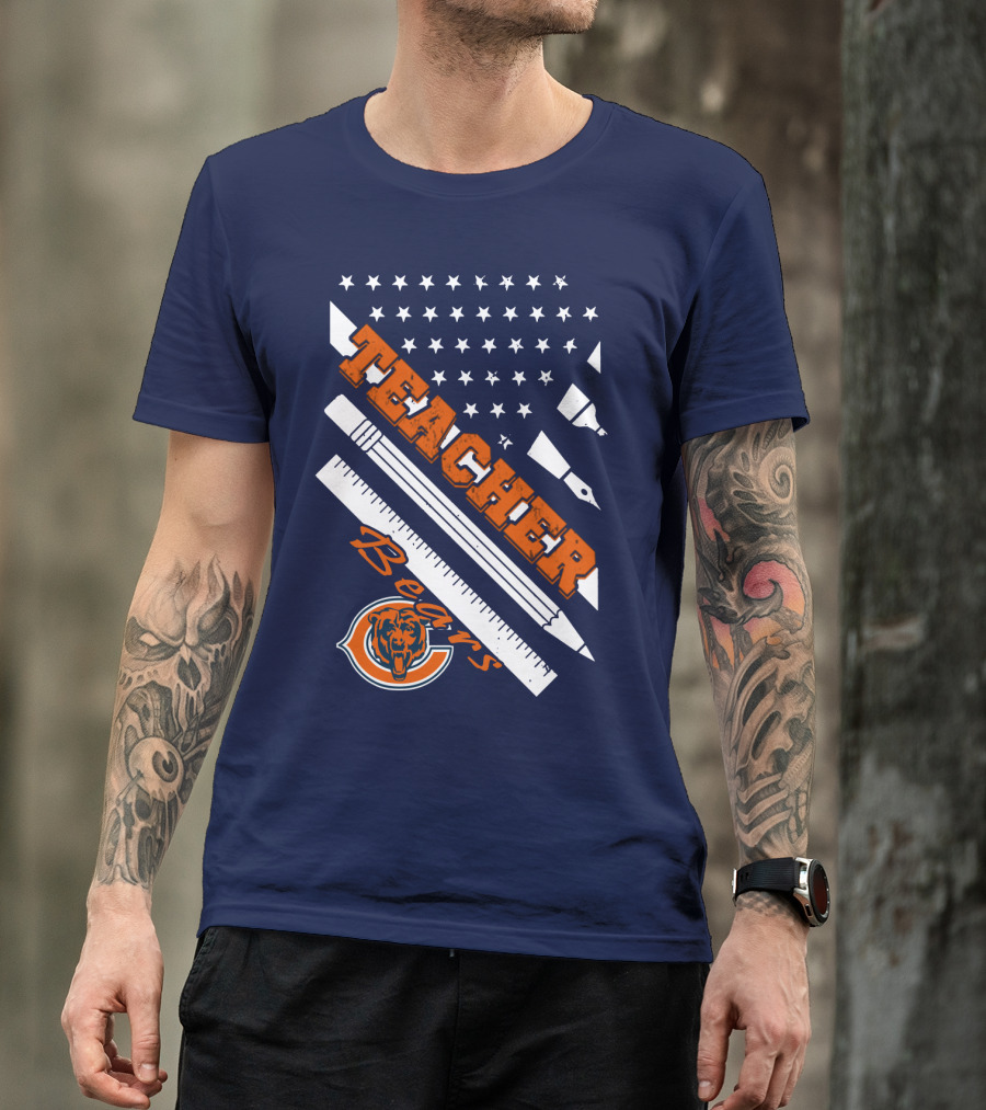 Chicago Bears Teacher American Flag Ruler And Pens T-Shirt