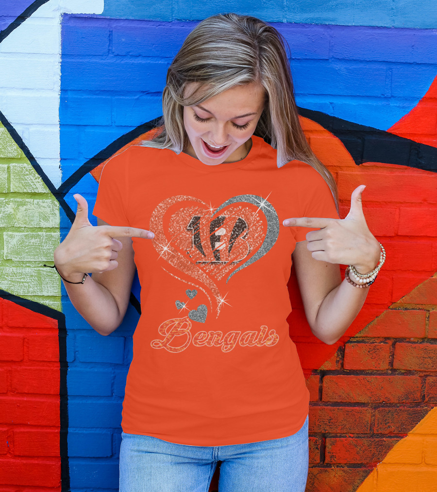 Bengals Heart Sparkle B Stripes Glitter T-Shirt