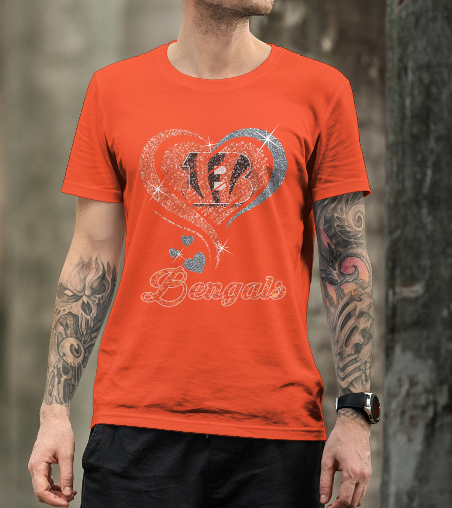 Bengals Heart Sparkle B Stripes Glitter T-Shirt