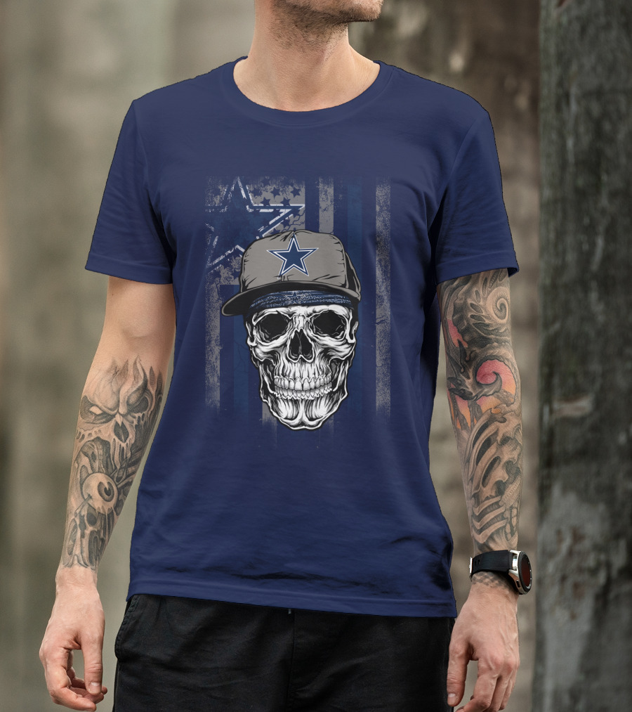 Dallas Cowboys Skull With Star Cap And Grunge Flag T-Shirt
