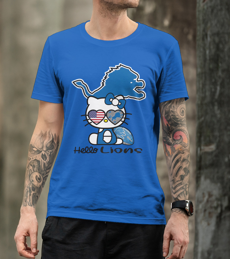 Hello Lions Detroit Lions Football Kitty Patchwork T-Shirt