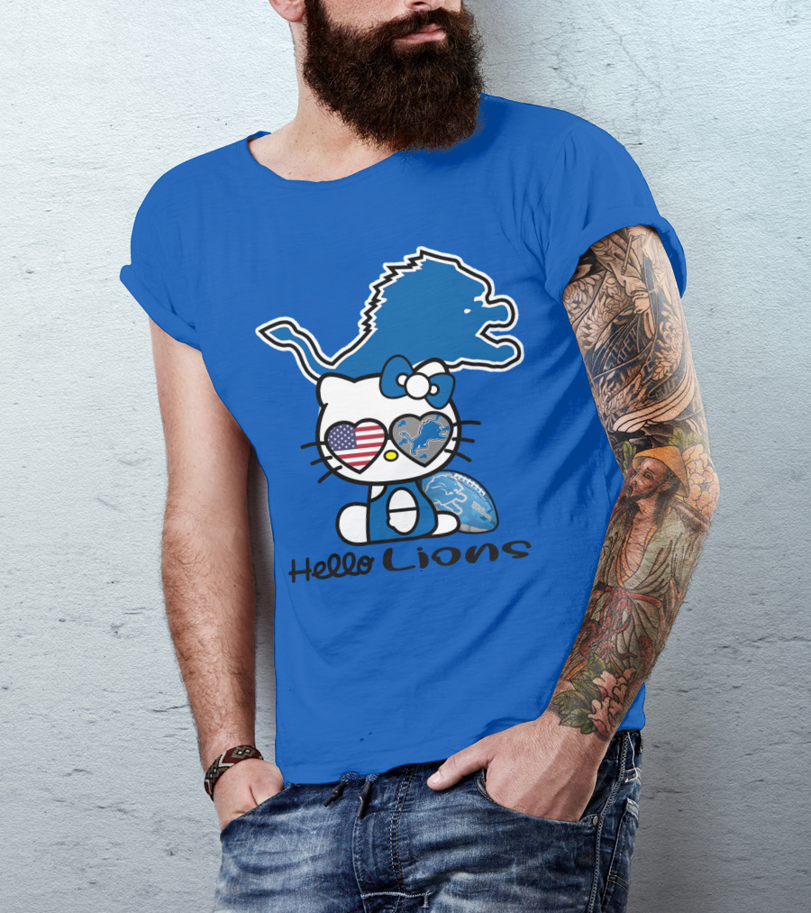 Hello Lions Detroit Lions Football Kitty Patchwork T-Shirt