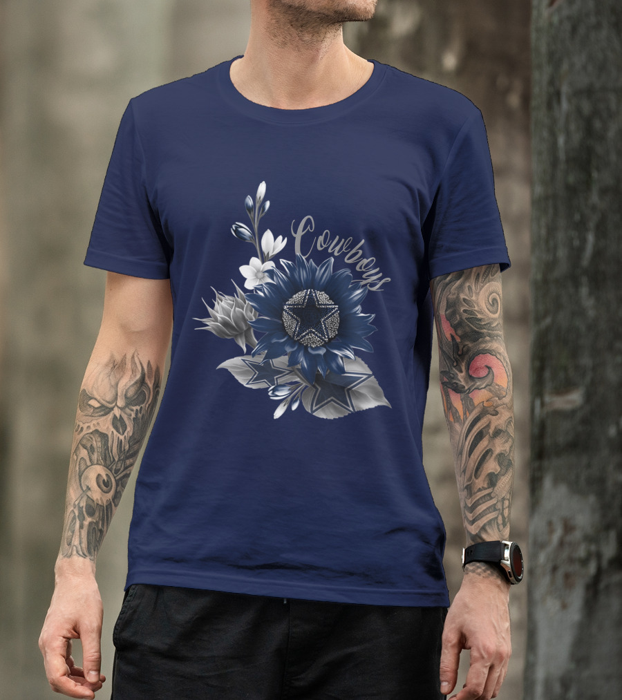 Cowboys Star Floral Design With Navy And Silver Accents T-Shirt