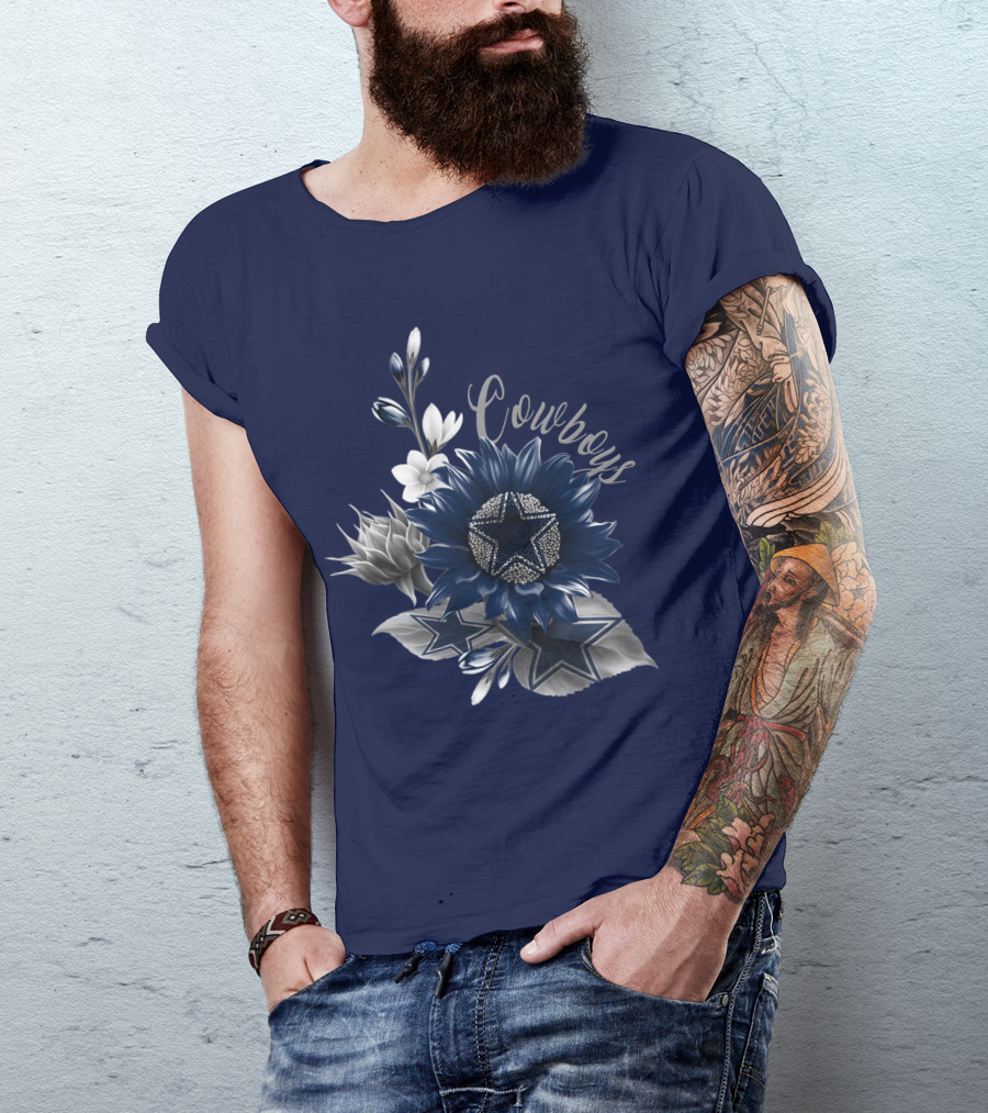 Cowboys Star Floral Design With Navy And Silver Accents T-Shirt