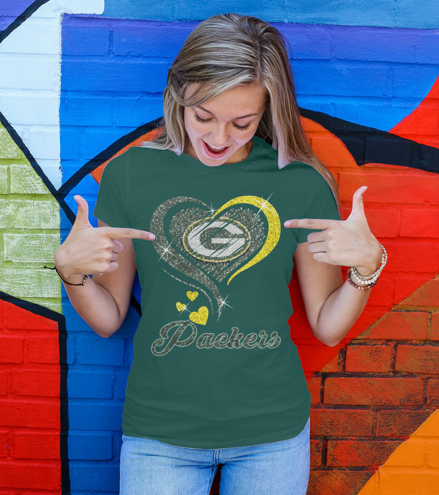 Green Bay Packers Heart Logo Sparkle T-Shirt