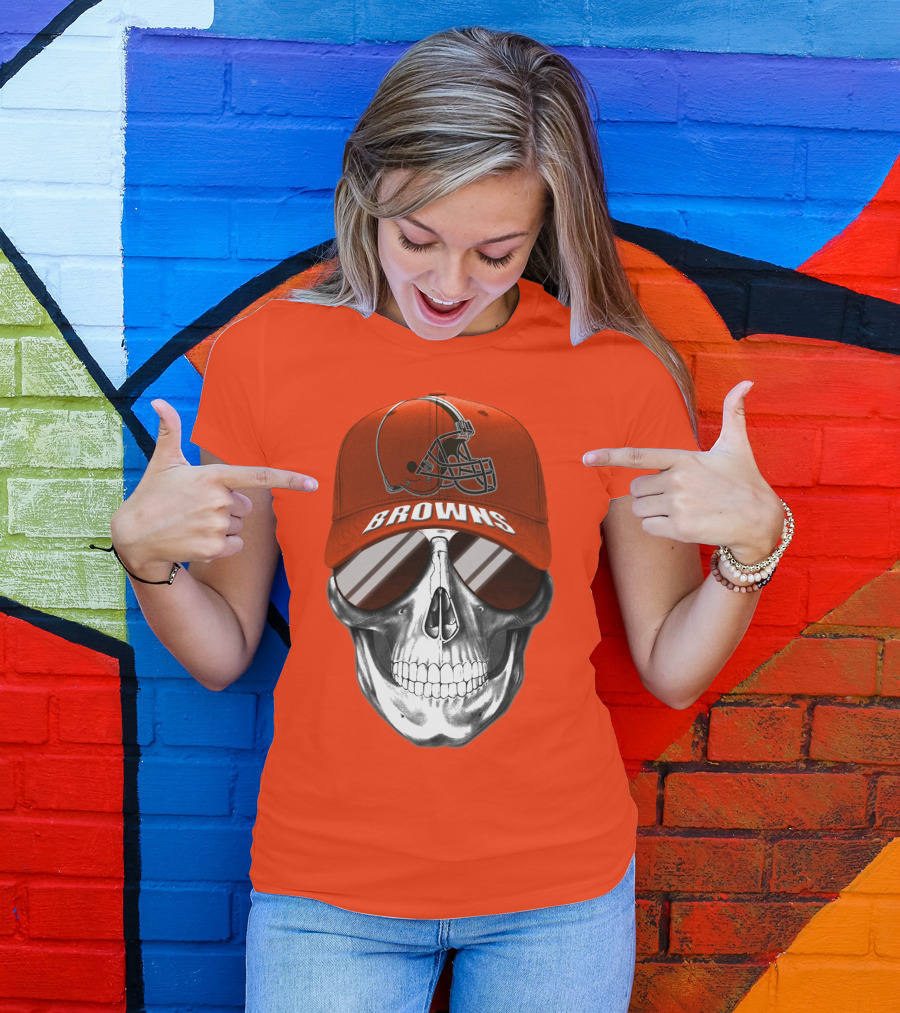 Cleveland Browns Skull Hat With Football Helmet Icon On Bright Orange T-Shirt