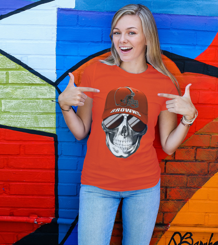 Cleveland Browns Skull Hat With Football Helmet Icon On Bright Orange T-Shirt