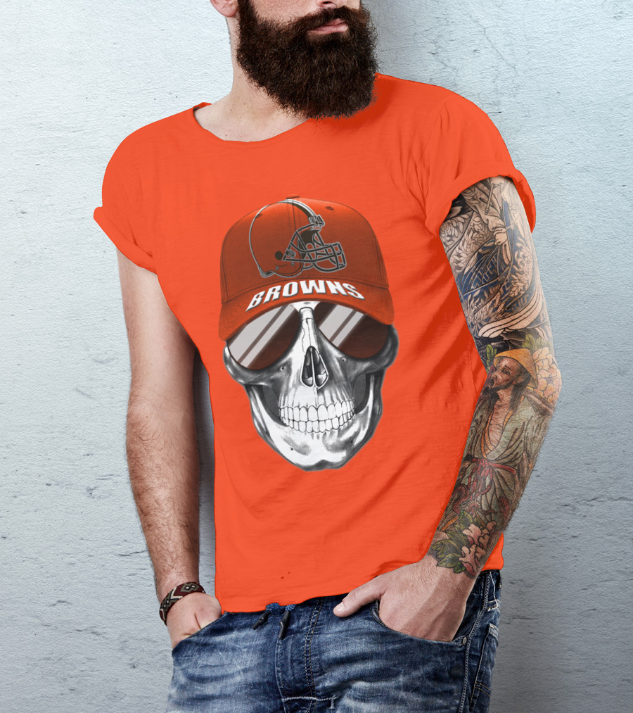 Cleveland Browns Skull Hat With Football Helmet Icon On Bright Orange T-Shirt