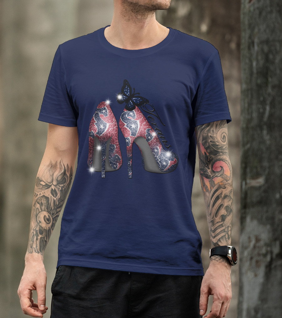 Texans High Heels With Butterfly Sparkle On Blue T-Shirt