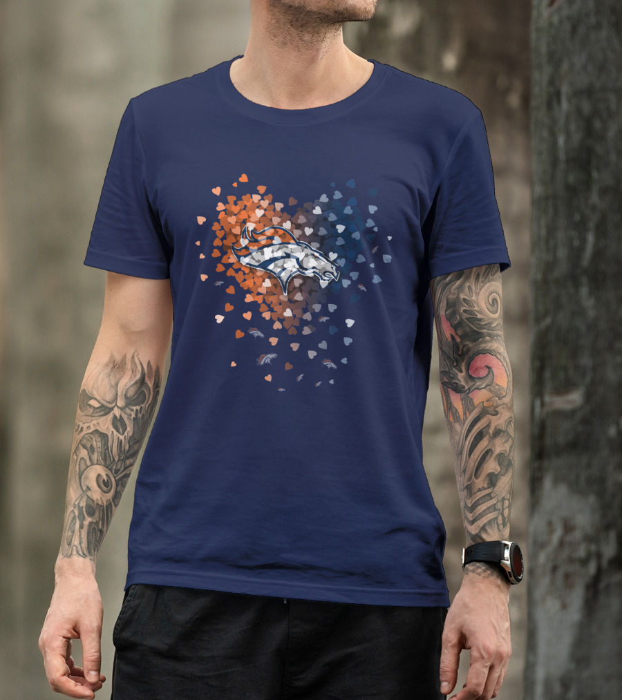 Denver Broncos Heart Logo With Orange And Blue Hearts T-Shirt