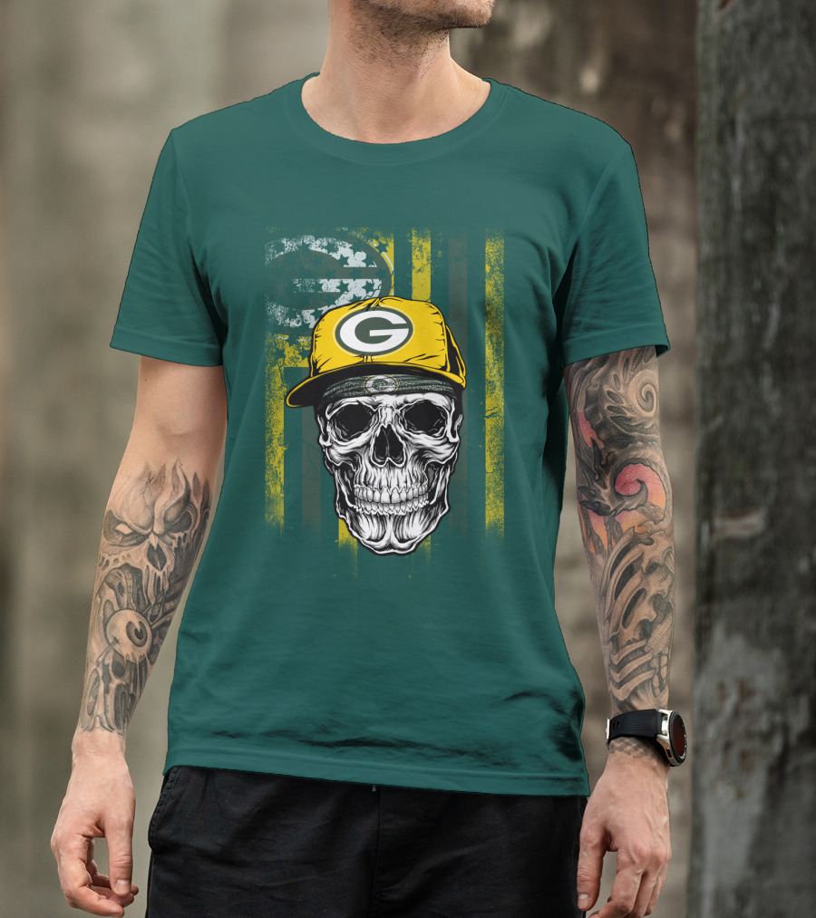 Green Bay Packers Skull With Cap And Distressed Flag T-Shirt