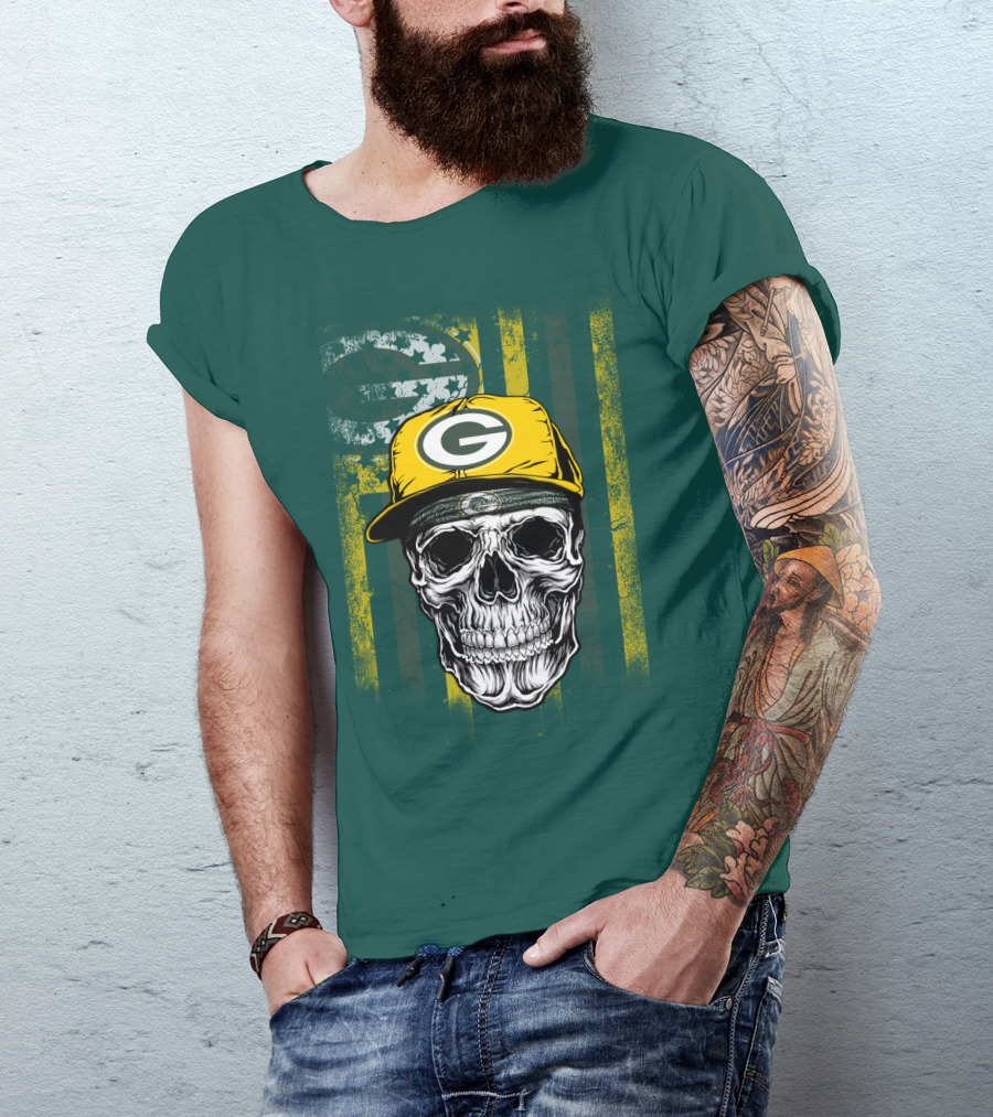 Green Bay Packers Skull With Cap And Distressed Flag T-Shirt