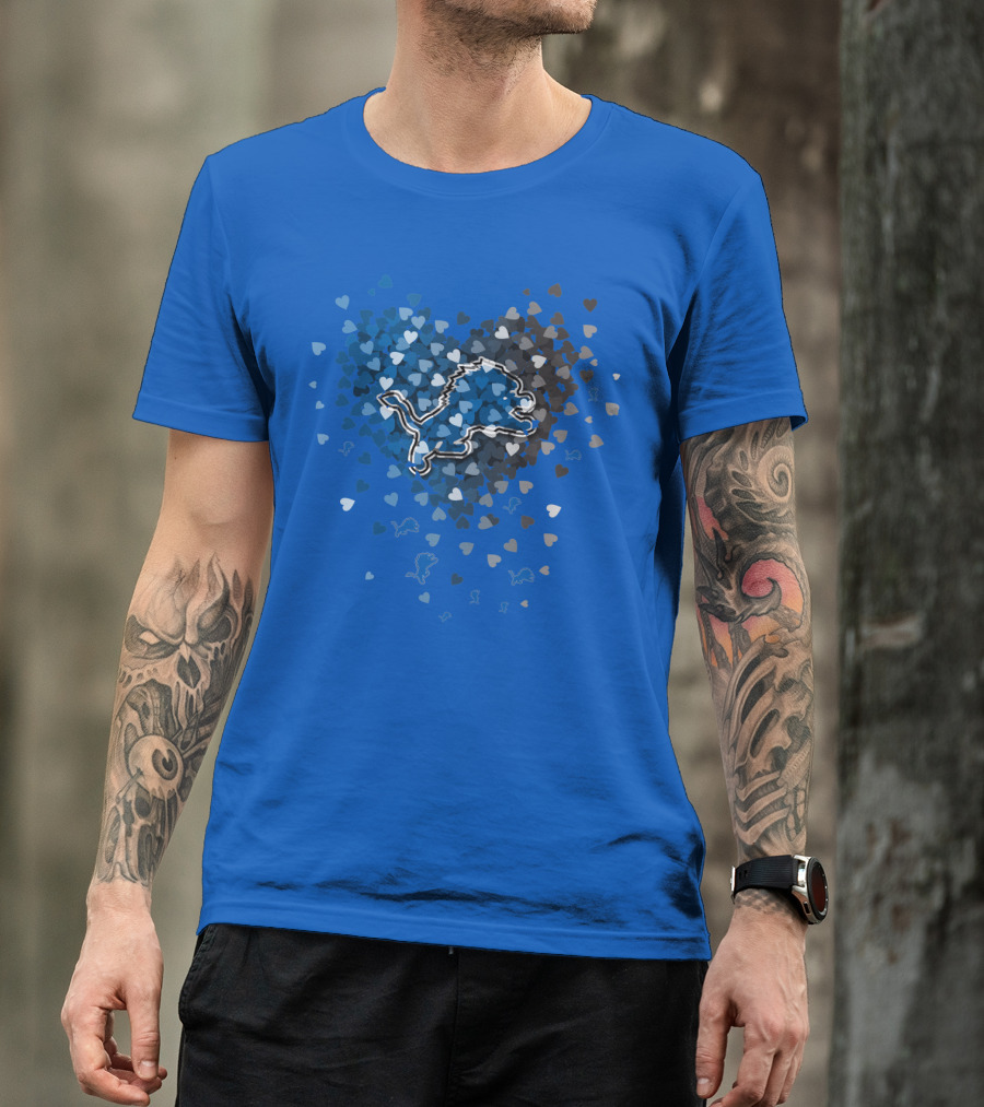 Detroit Lions Heart Shape Blue And White Logo With Hearts T-Shirt