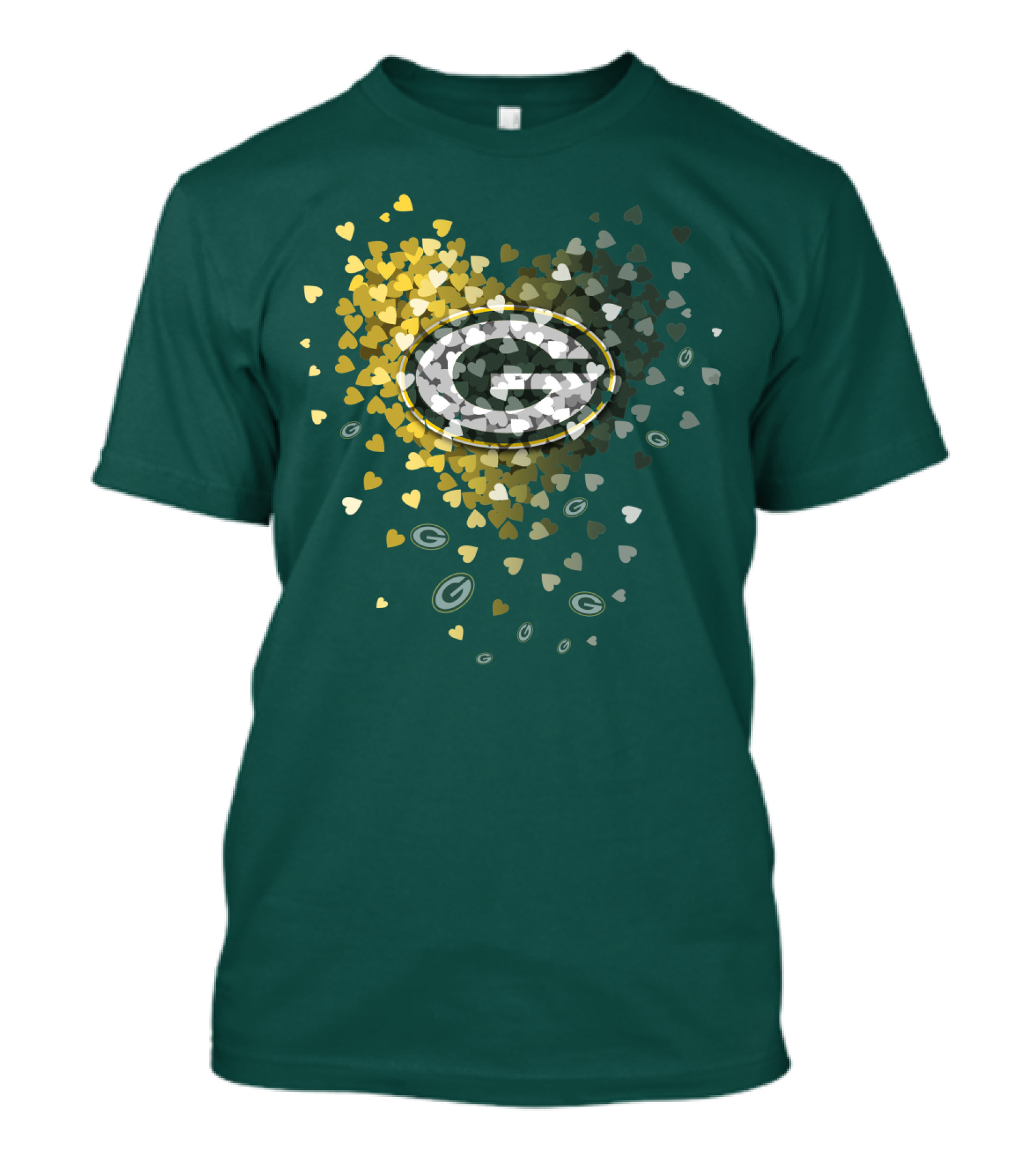 Green Bay Packers Heart Logo With Golden Hearts And Green T-Shirt