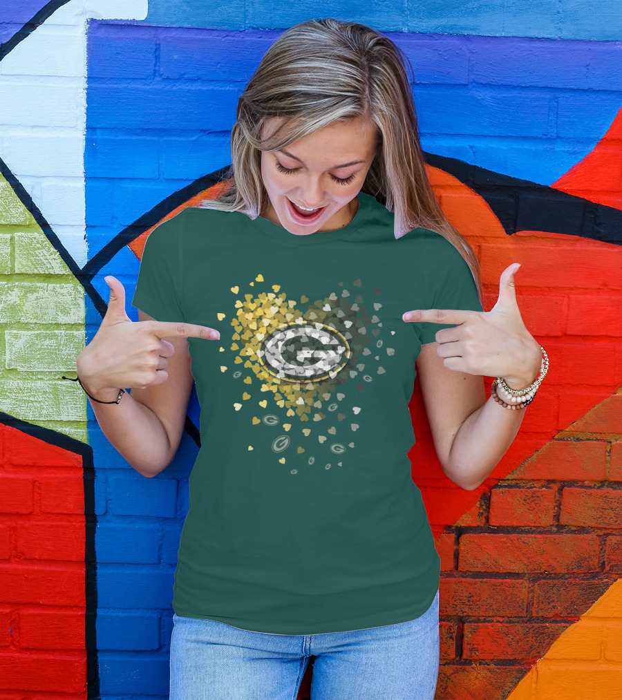 Green Bay Packers Heart Logo With Golden Hearts And Green T-Shirt