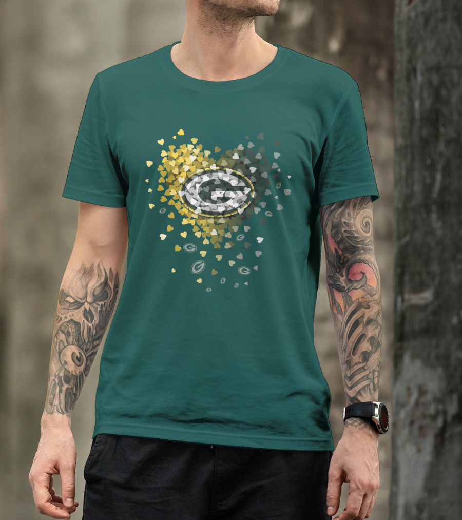 Green Bay Packers Heart Logo With Golden Hearts And Green T-Shirt