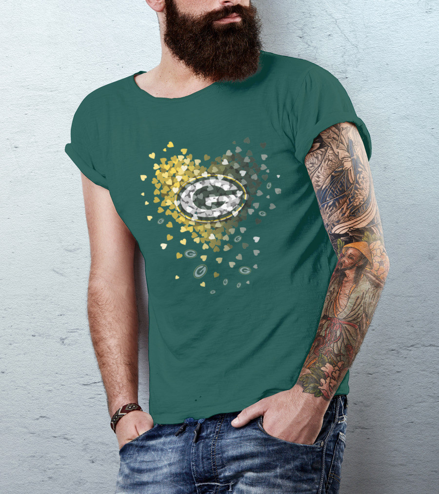 Green Bay Packers Heart Logo With Golden Hearts And Green T-Shirt
