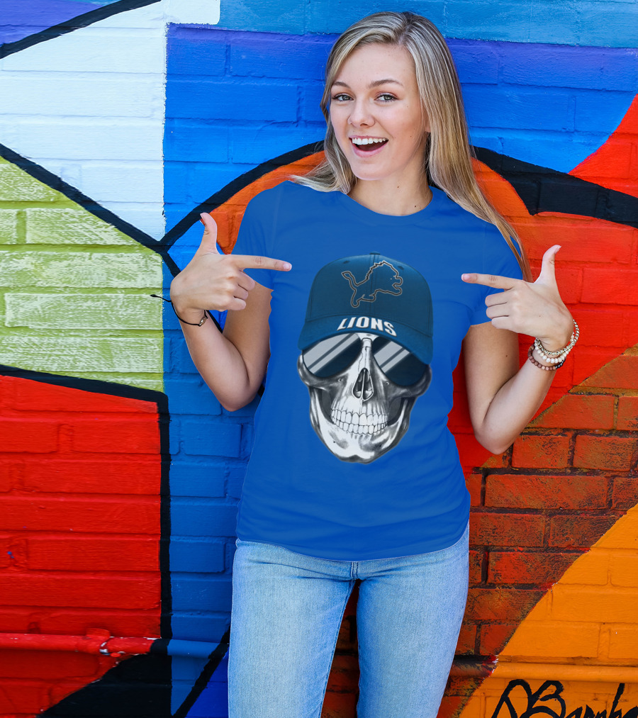 Detroit Lions Skull With Blue Cap And Sunglasses T-Shirt