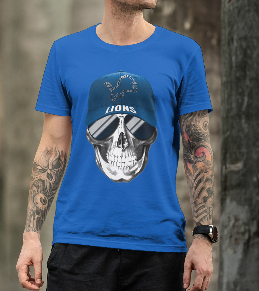 Detroit Lions Skull With Blue Cap And Sunglasses T-Shirt