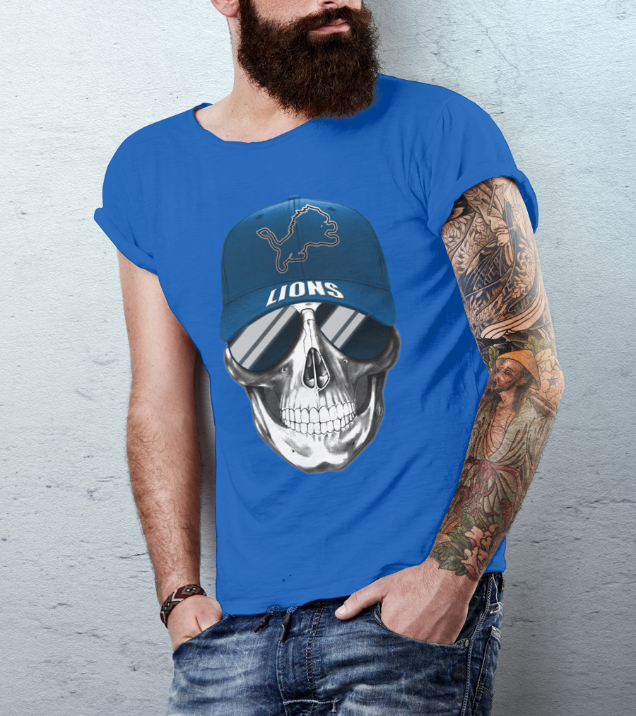 Detroit Lions Skull With Blue Cap And Sunglasses T-Shirt