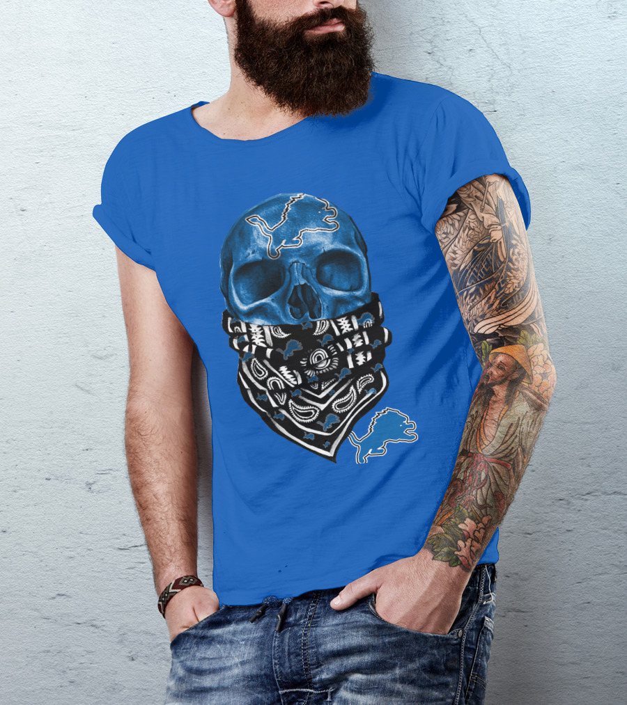 Detroit Lions Blue Skull Bandana Icon With Nfl Team T-Shirt