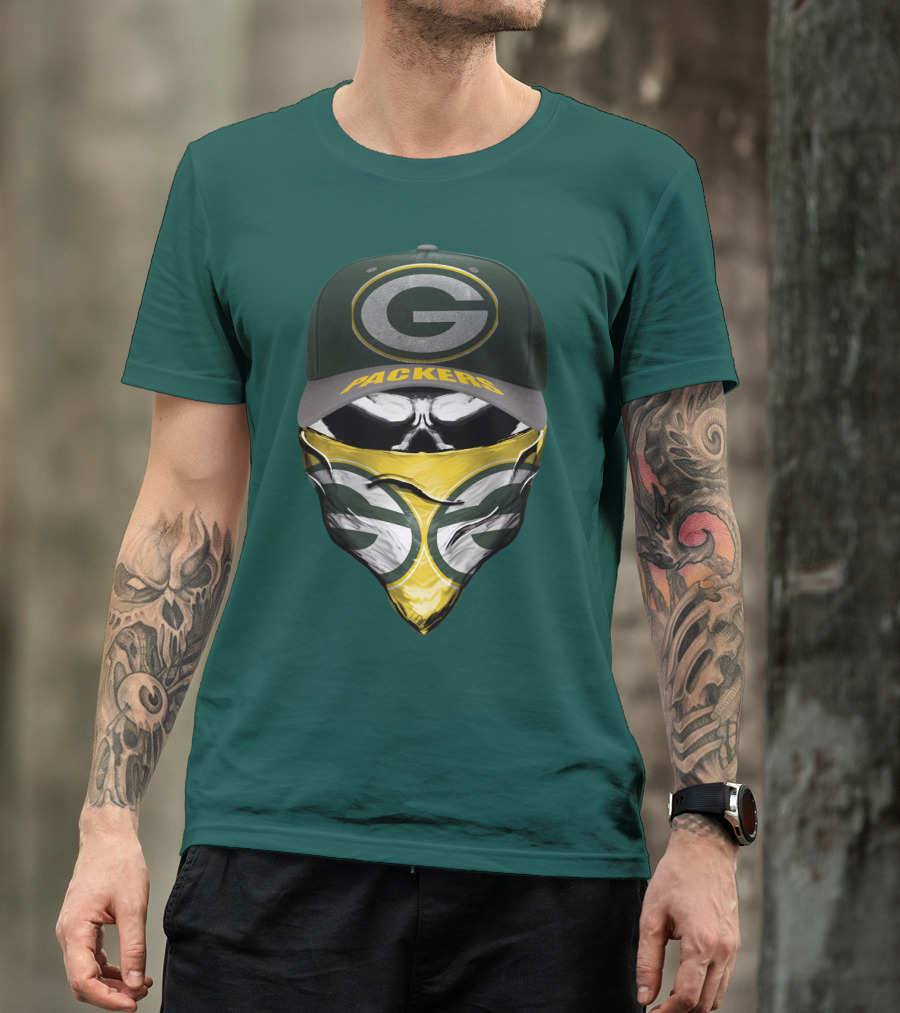 Green Bay Packers G Cap And Bandana Face Skull T-Shirt