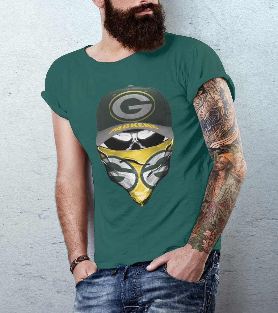 Green Bay Packers G Cap And Bandana Face Skull T-Shirt