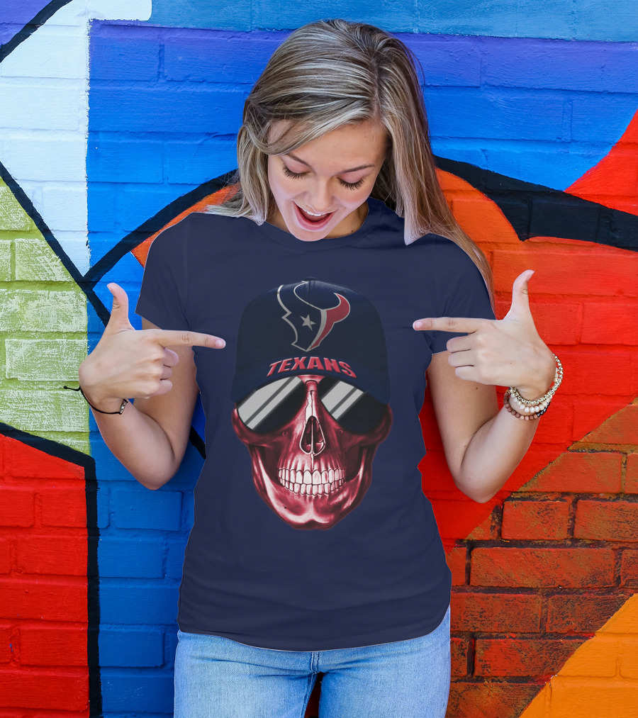 Houston Texans Skull With Cap And Sunglasses T-Shirt