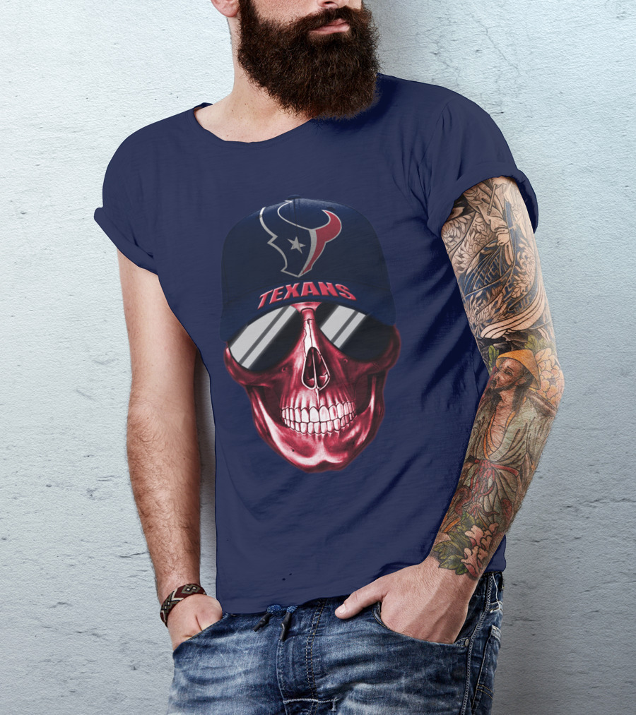 Houston Texans Skull With Cap And Sunglasses T-Shirt