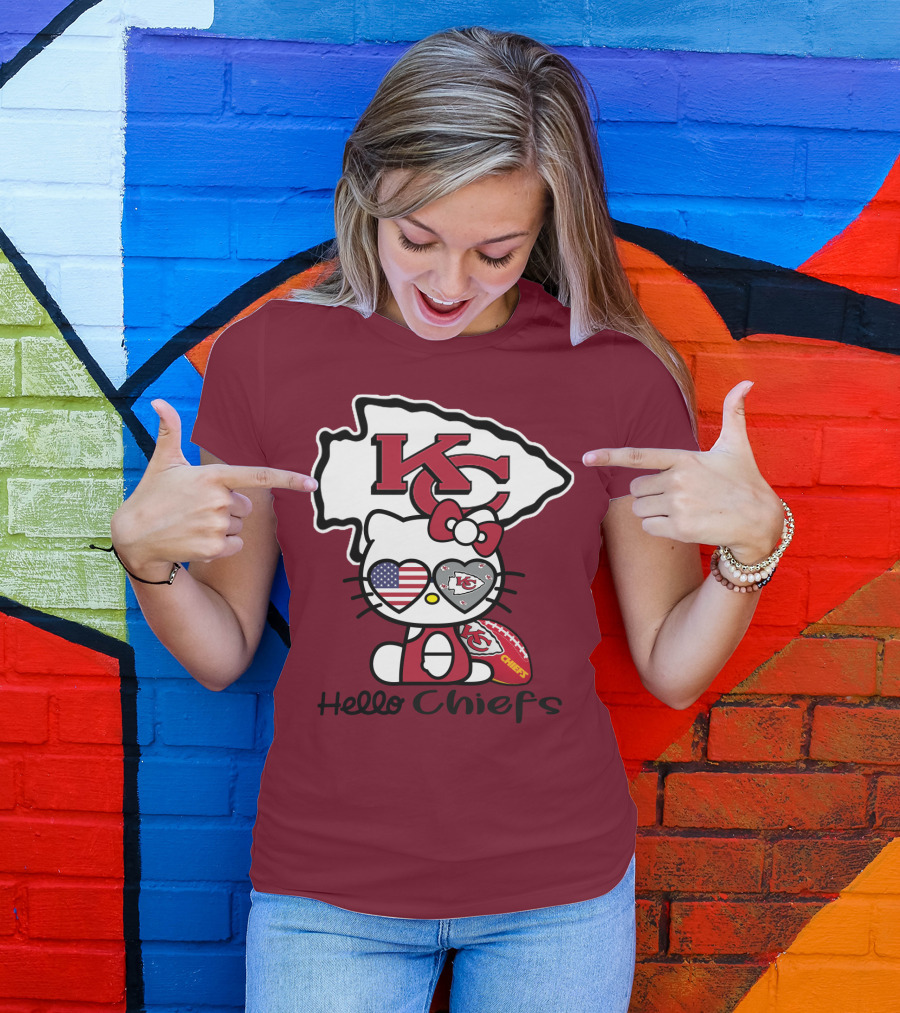 Hello Chiefs Kc Hello Kitty Heart Football American Flag T-Shirt