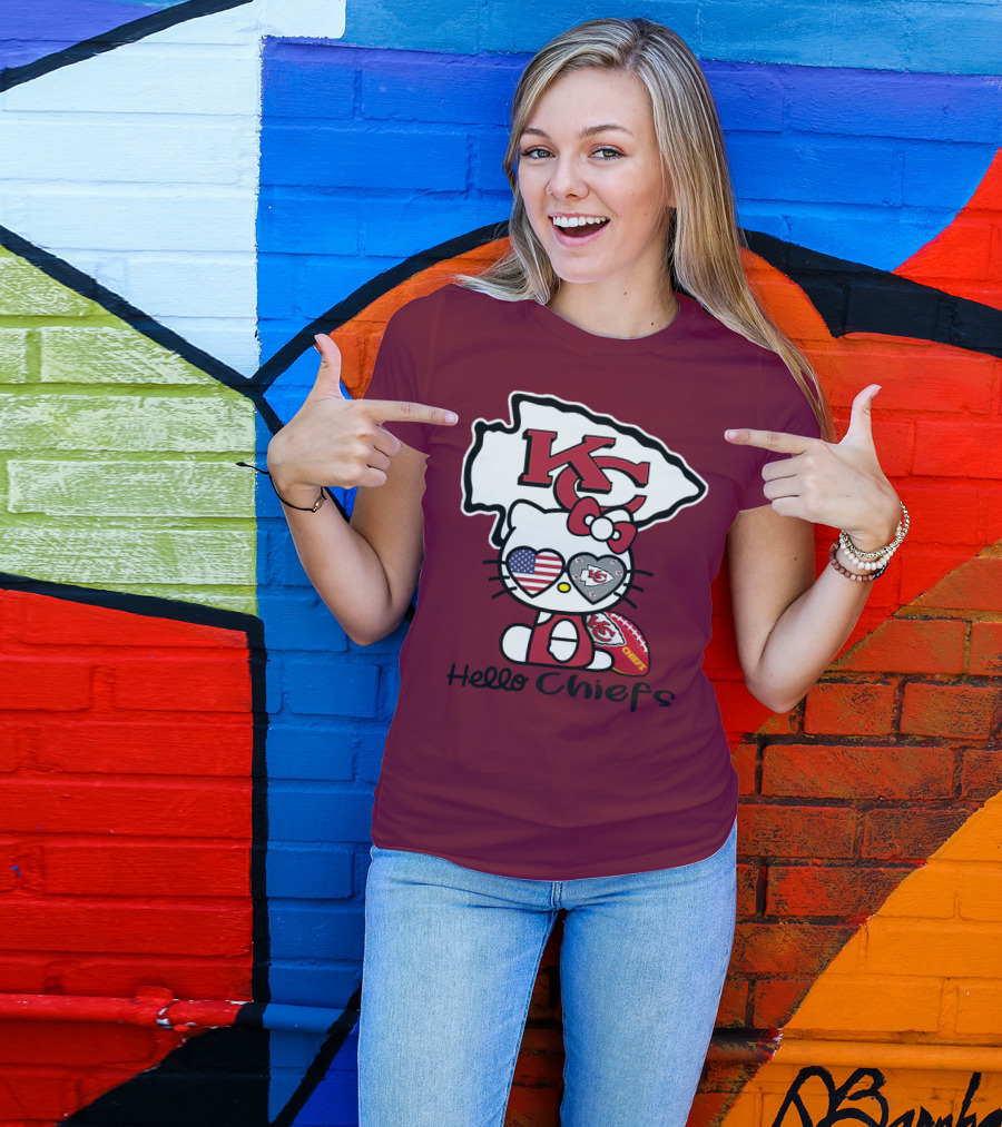 Hello Chiefs Kc Hello Kitty Heart Football American Flag T-Shirt