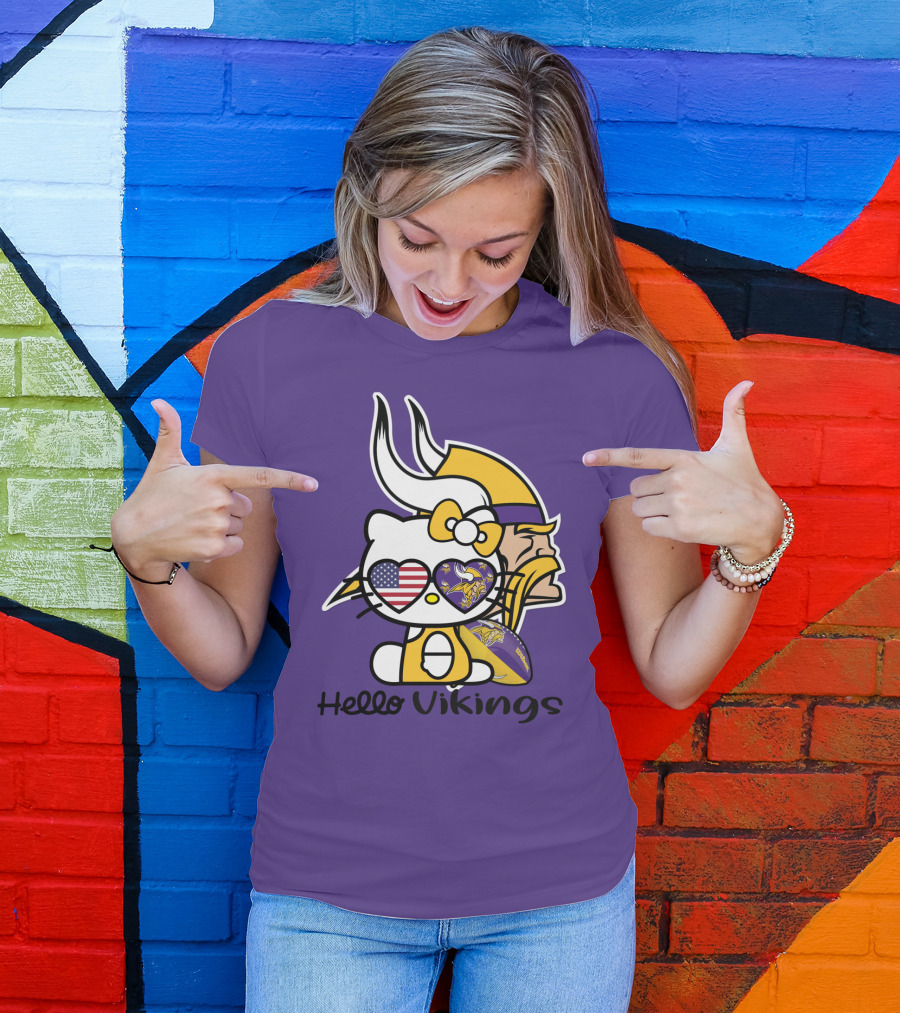 Hello Vikings Minnesota Vikings Fan Art Purple Football Kitty T-Shirt