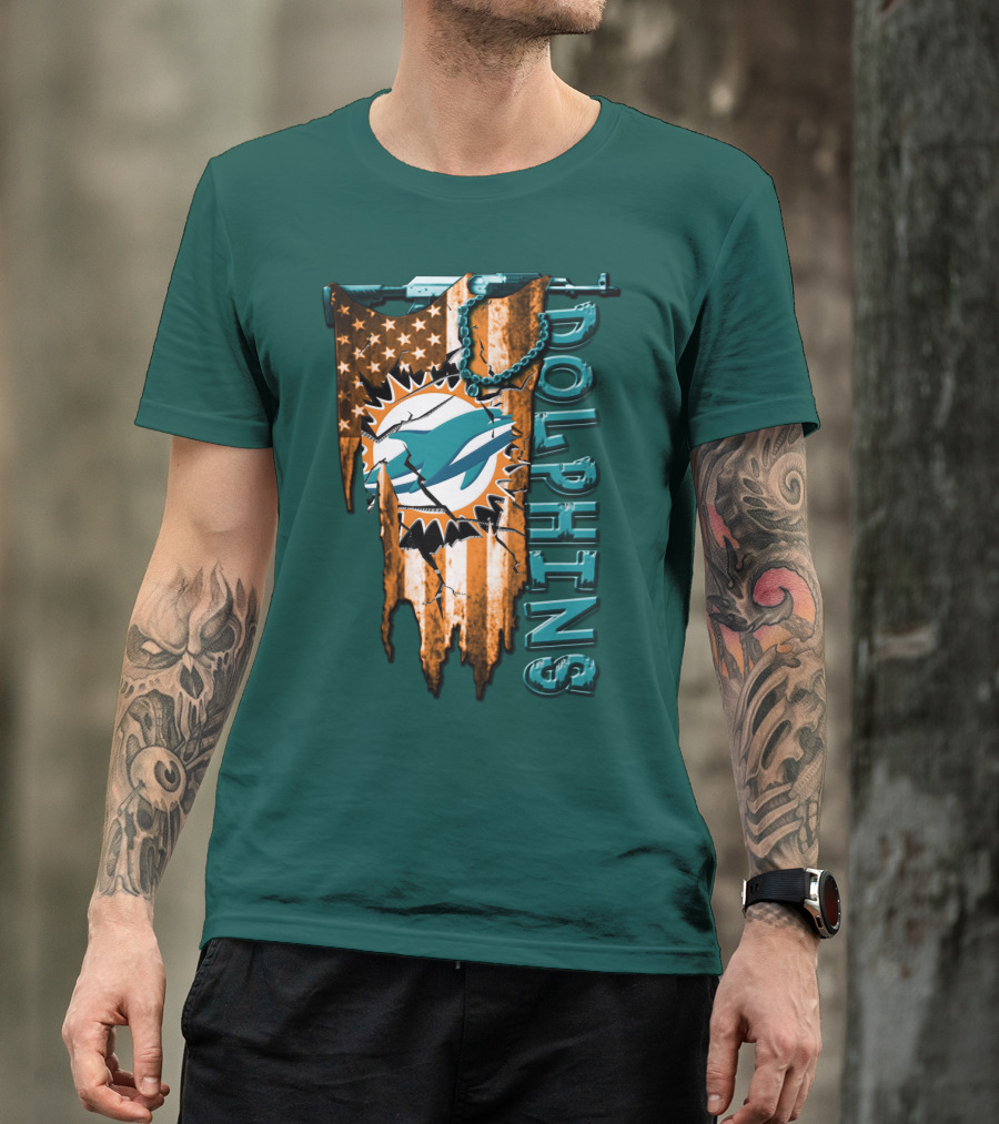 Miami Dolphins Flag And Logo Style With Stars And Stripes T-Shirt