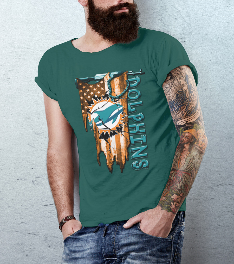 Miami Dolphins Flag And Logo Style With Stars And Stripes T-Shirt