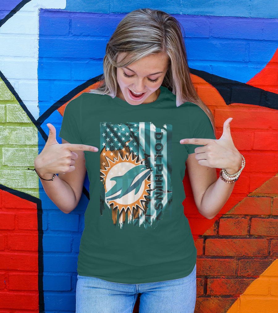 Miami Dolphins American Flag Sunburst Ocean Wave T-Shirt