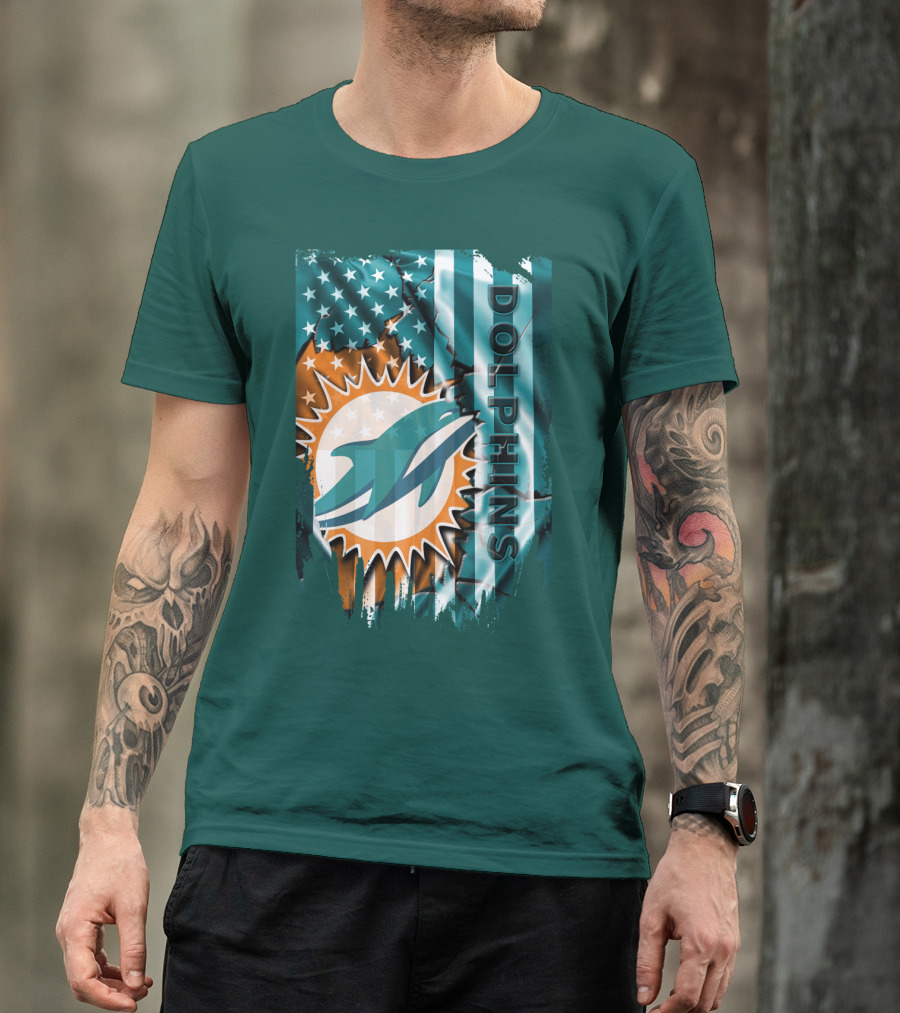 Miami Dolphins American Flag Sunburst Ocean Wave T-Shirt