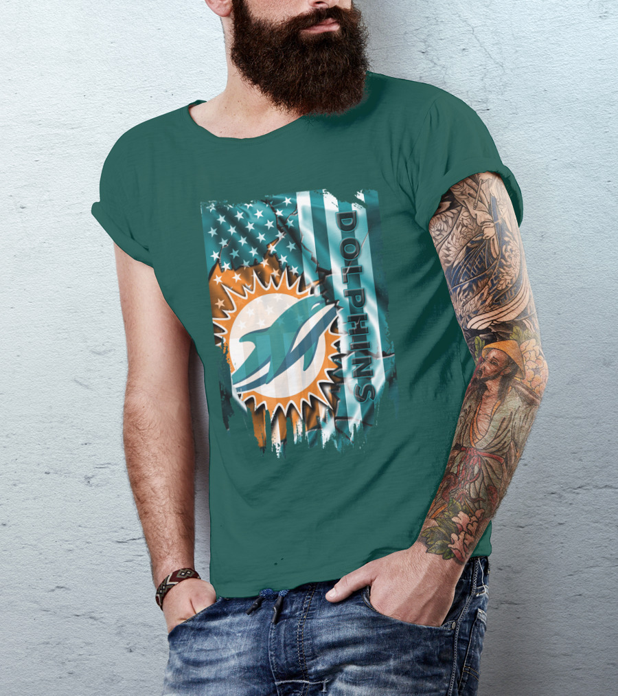 Miami Dolphins American Flag Sunburst Ocean Wave T-Shirt