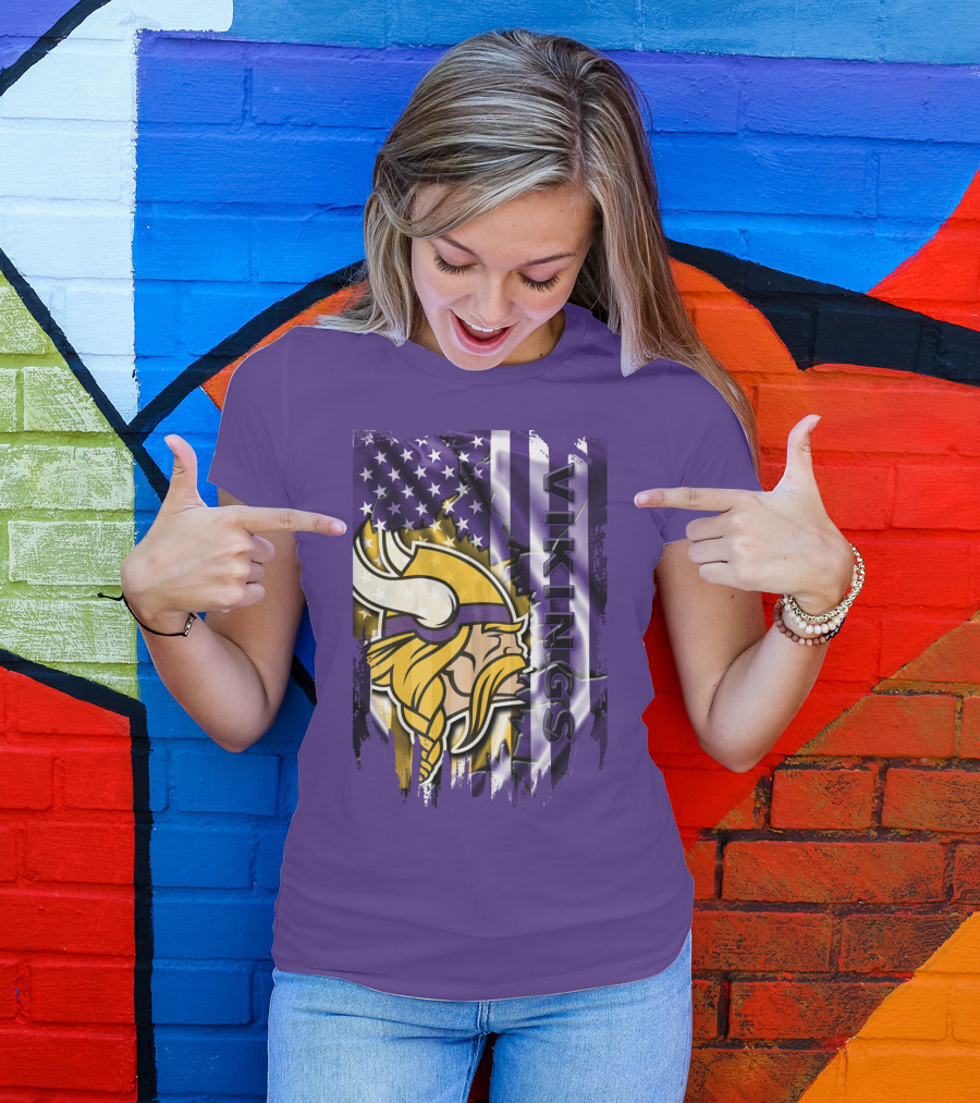 Minnesota Vikings American Flag Stars Stripes Purple Gold Viking Head T-Shirt