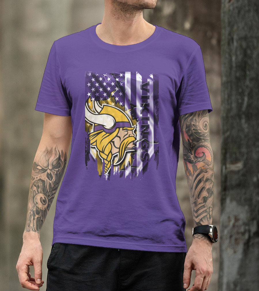Minnesota Vikings American Flag Stars Stripes Purple Gold Viking Head T-Shirt