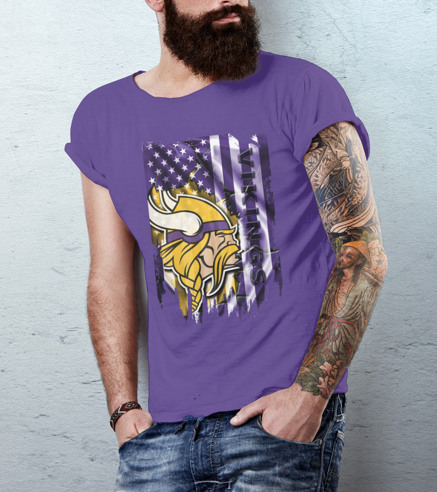 Minnesota Vikings American Flag Stars Stripes Purple Gold Viking Head T-Shirt