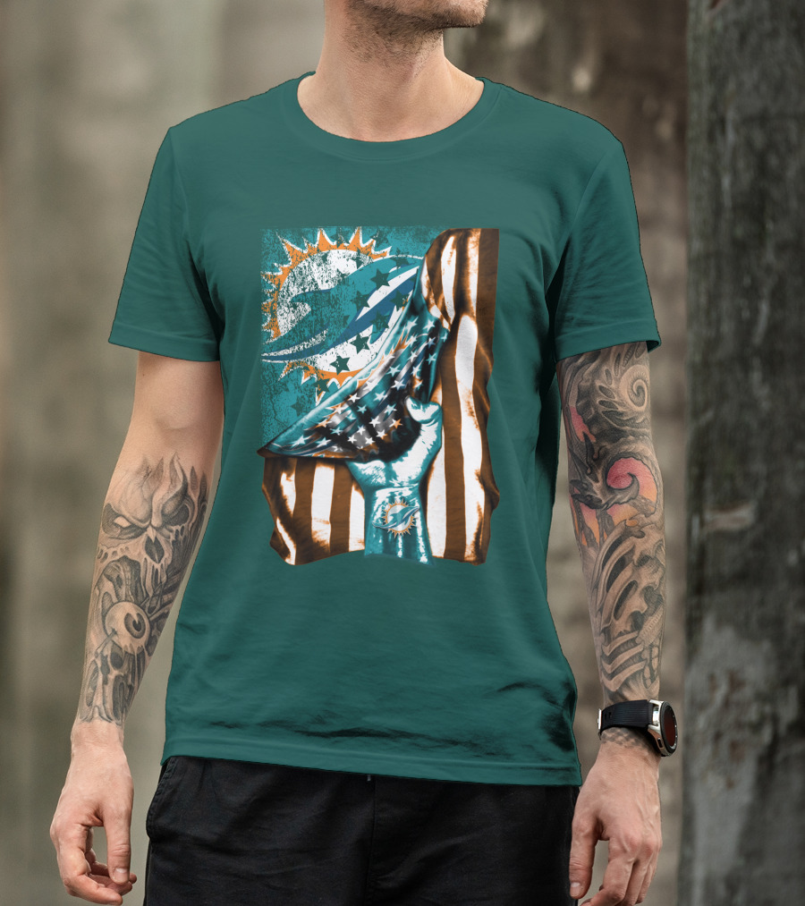 Miami Dolphins American Flag Hand Holding T-Shirt