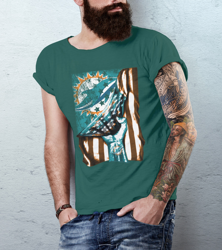 Miami Dolphins American Flag Hand Holding T-Shirt