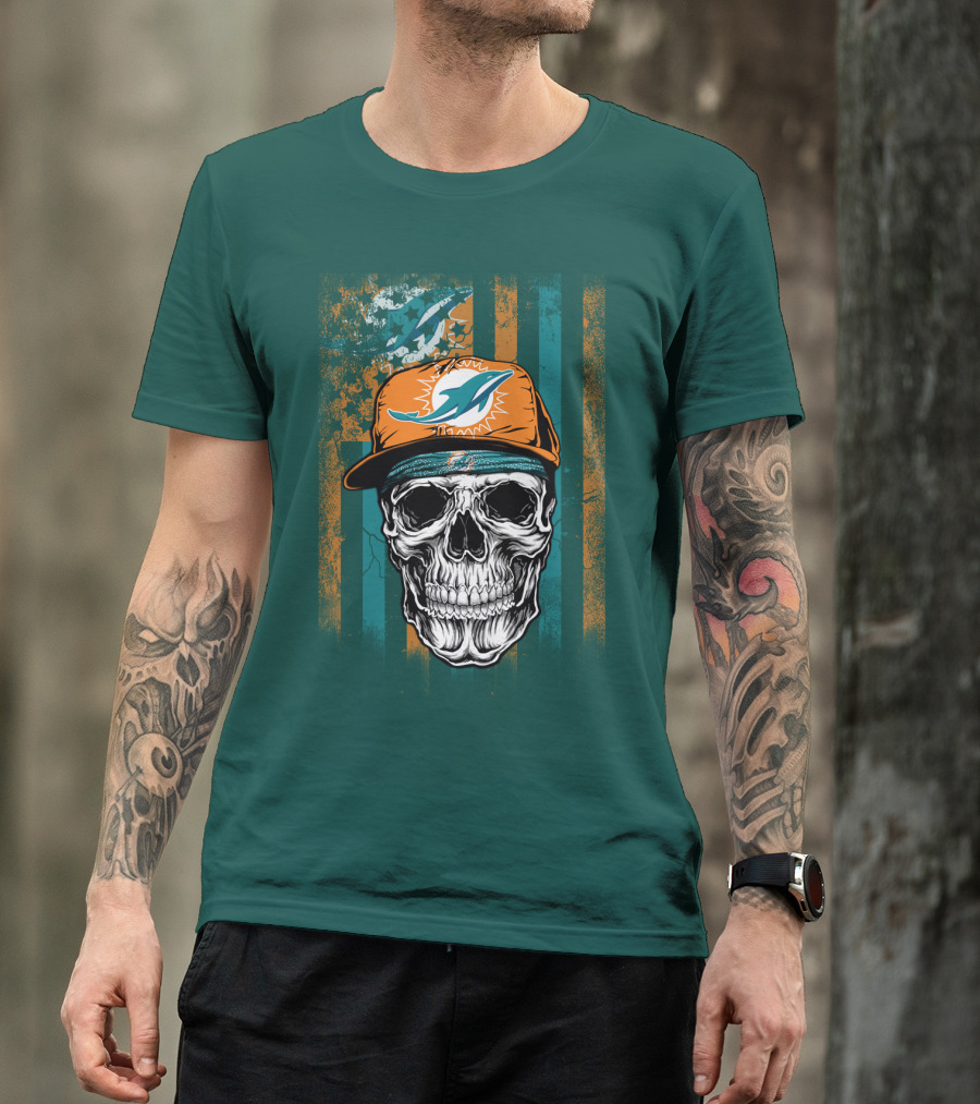 Miami Dolphins Skull With Cap And Logo In Orange And Teal Grunge Style T-Shirt
