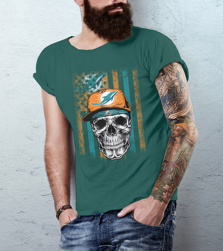 Miami Dolphins Skull With Cap And Logo In Orange And Teal Grunge Style T-Shirt