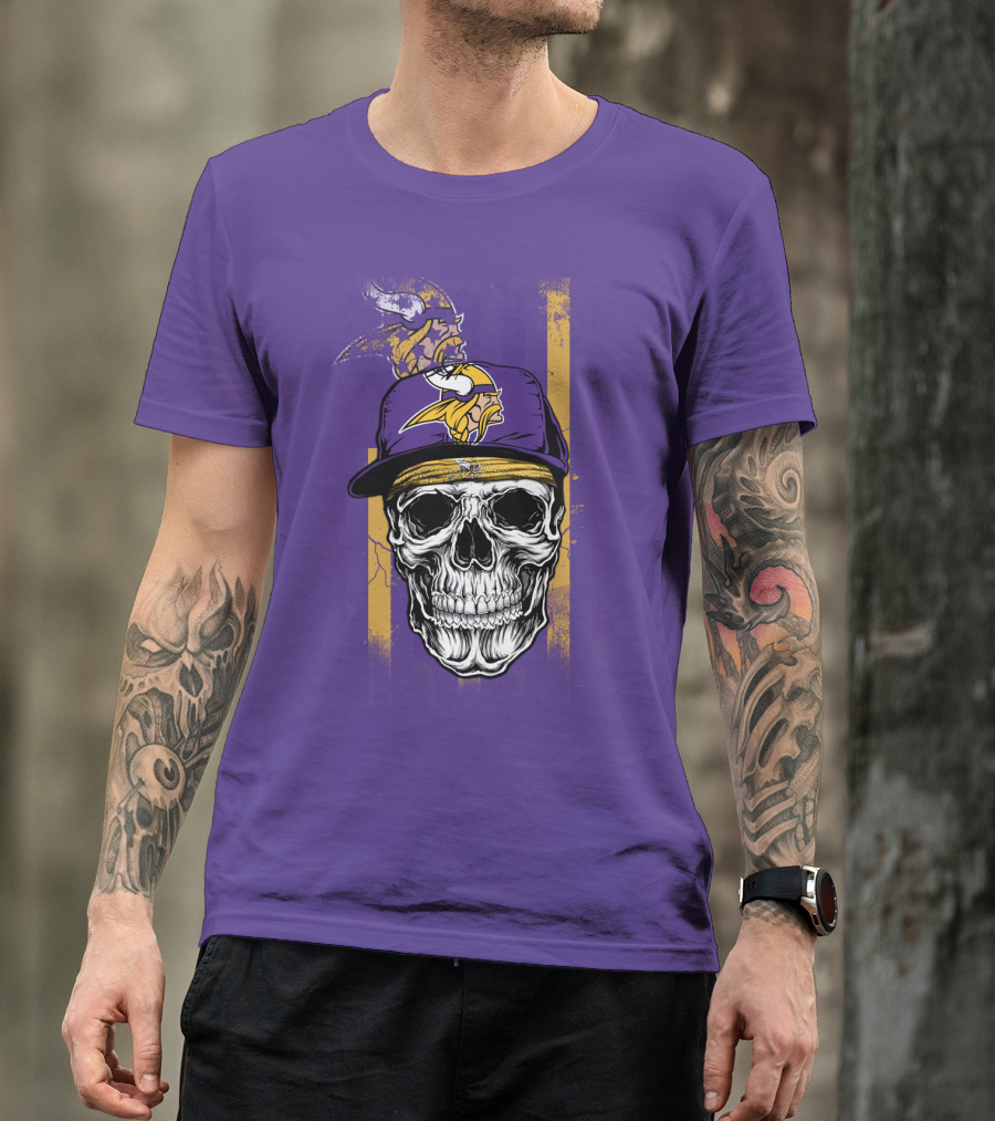 Minnesota Vikings Skull With Cap And Logo On Purple T-Shirt