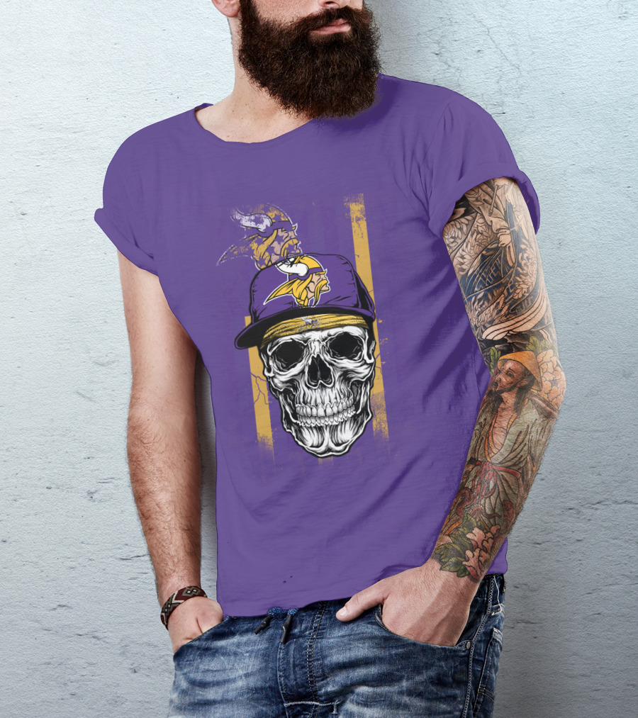 Minnesota Vikings Skull With Cap And Logo On Purple T-Shirt