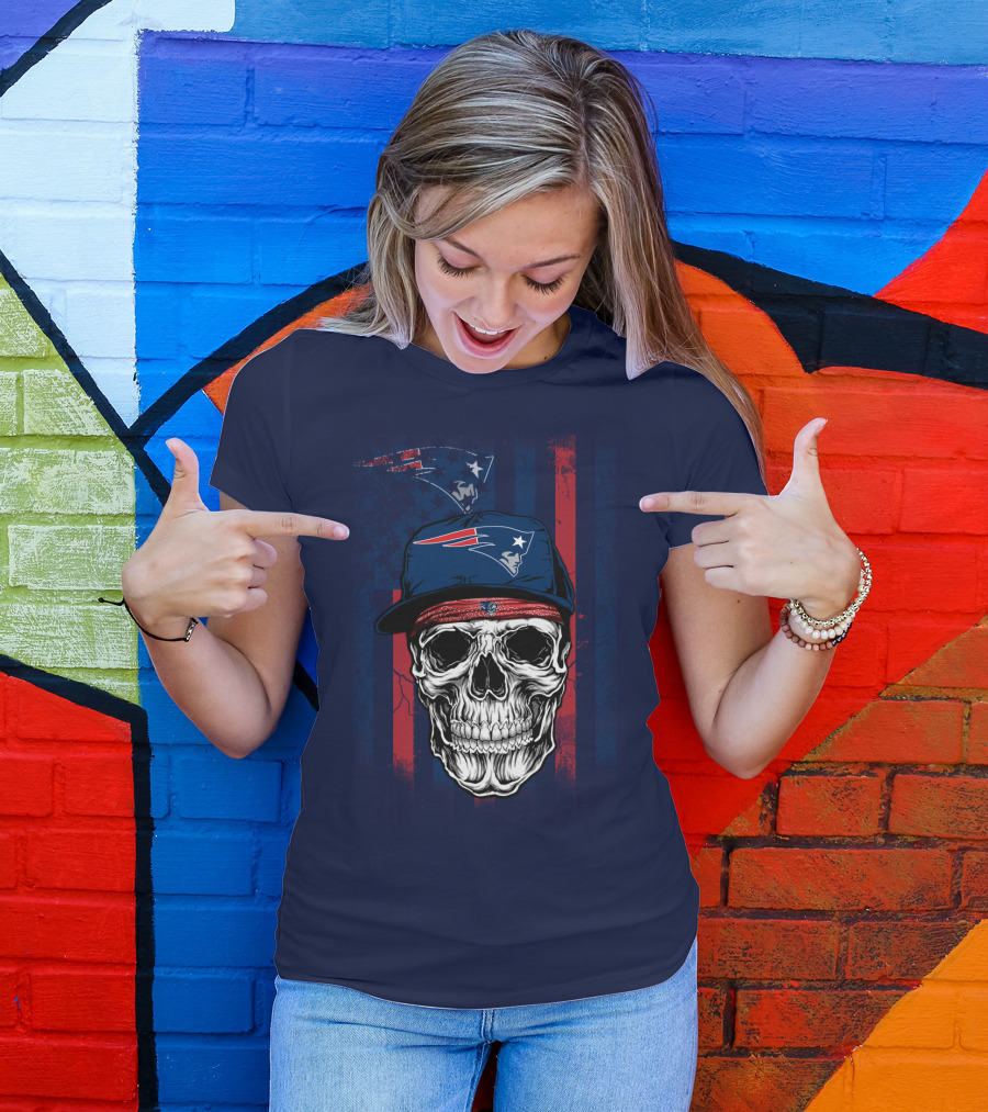 New England Patriots Skull With Cap And Red Blue Stripes T-Shirt