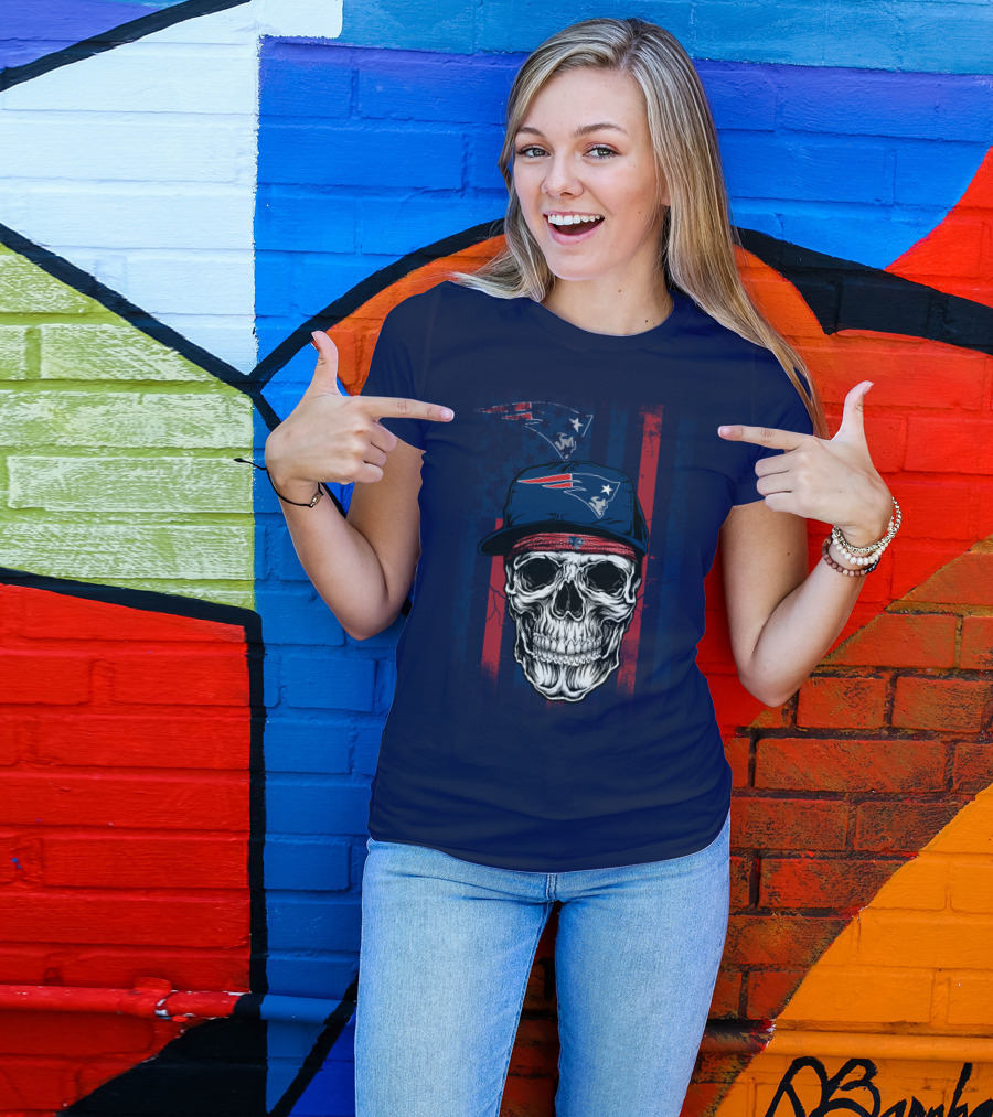 New England Patriots Skull With Cap And Red Blue Stripes T-Shirt